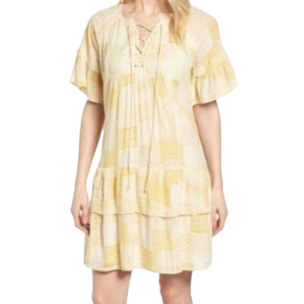 Caslon Yellow Patchwork Design Tiered Midi Dress